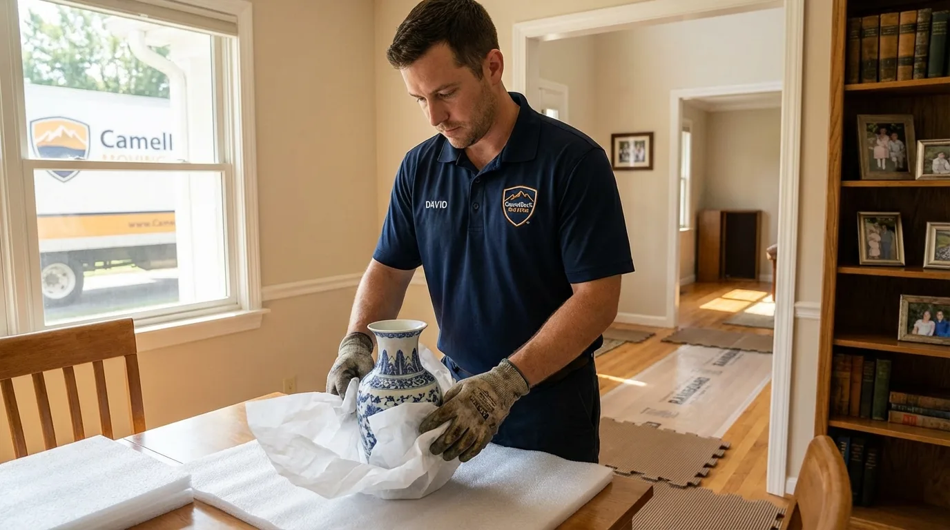 Professional crew carefully wrapping antique vase for senior downsizing move in Point of Rocks, MD